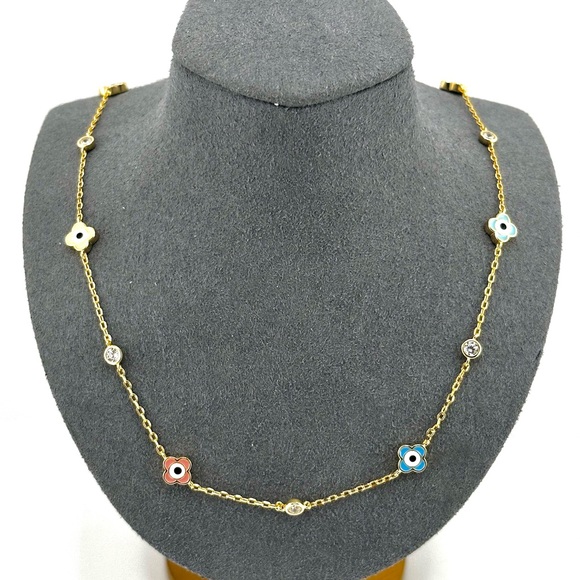 18K Gold Plated over 925 Sterling Silver Multicolor Evil Eye Clover Necklace - Picture 1 of 4
